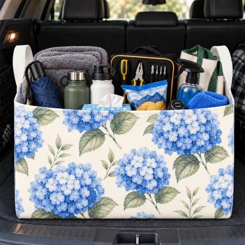 Hydrangea Car Trunk Organizer, Foldable Auto Storage Basket with Handles