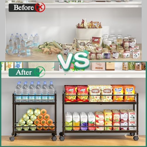 2-Tier Expandable Rolling Pantry Cart with Wheels, Adjustable Floor Organizer for Kitchen Pantry, Can Organizer for Pantry, Storage Cart for Snack, Food, Vegetables, Black, Patent Pending