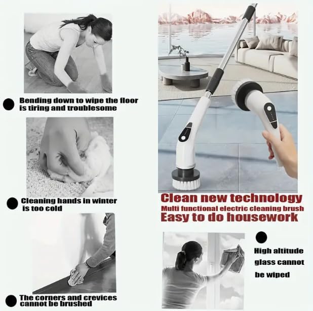 HomeBeyond Electric Spin Scrubber, 5-Speed Power Spin Cleaner with 8 Replaceable Brush Heads, IPX7 Waterproof, Adjustable Extension Handle, Large Battery for Bathroom, Shower, Tile, and Floor Cleaning