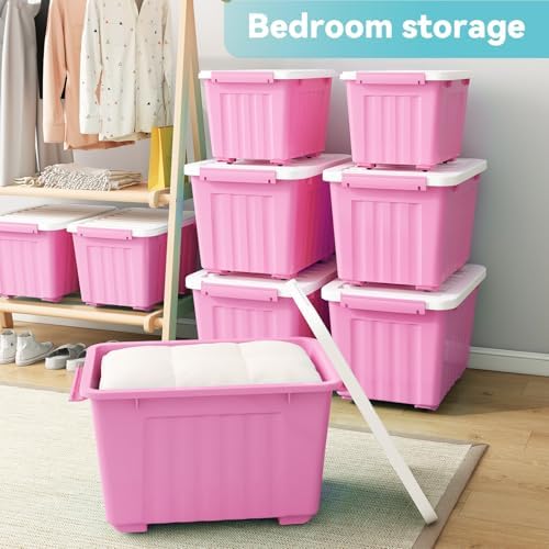 Plastic Storage Bin, Stackable and Nestable Storage Boxes with White Lids and Secure Latching Buckles, Large Storage Container (Pink/White, 72Quart-6Pack)