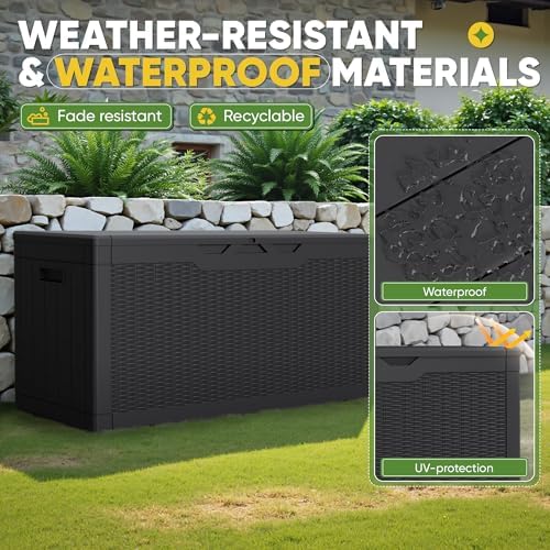 Outdoor Storage Box 100 Gallon Storage Bin with Lid for Patio Furniture, Garden Tools, Pool Supplies, Lockable, Waterproof and UV Resistant, Black