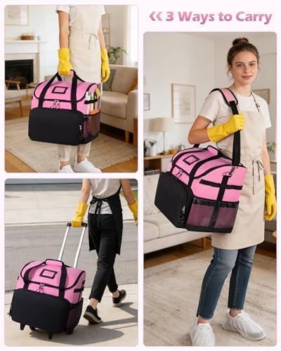 Large Rolling Cleaning Caddy Bag with Detachable Trolley, Pink