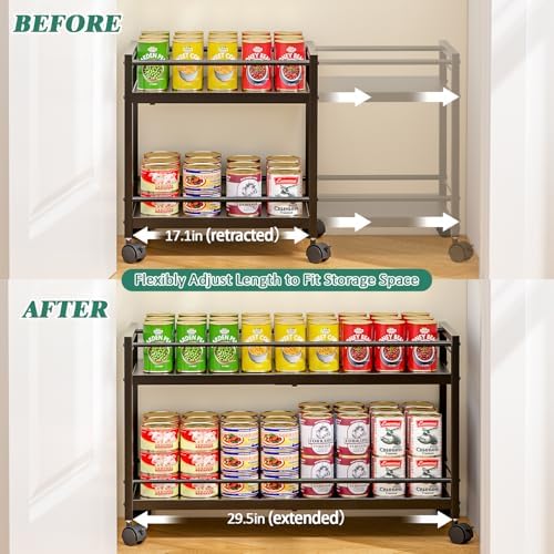 2-Tier Expandable Rolling Pantry Cart with Wheels, Adjustable Floor Organizer for Kitchen Pantry, Can Organizer for Pantry, Storage Cart for Snack, Food, Vegetables, Black, Patent Pending
