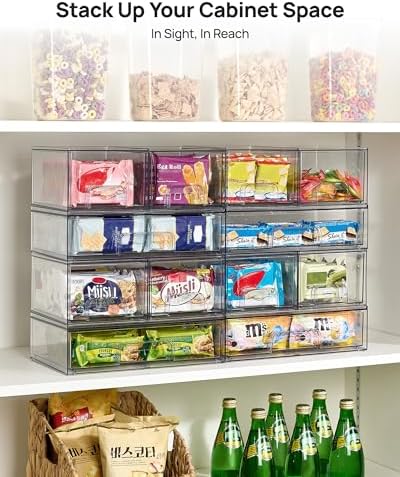 Clear Stackable Storage Drawers Set of 4, Plastic Organizer Bins