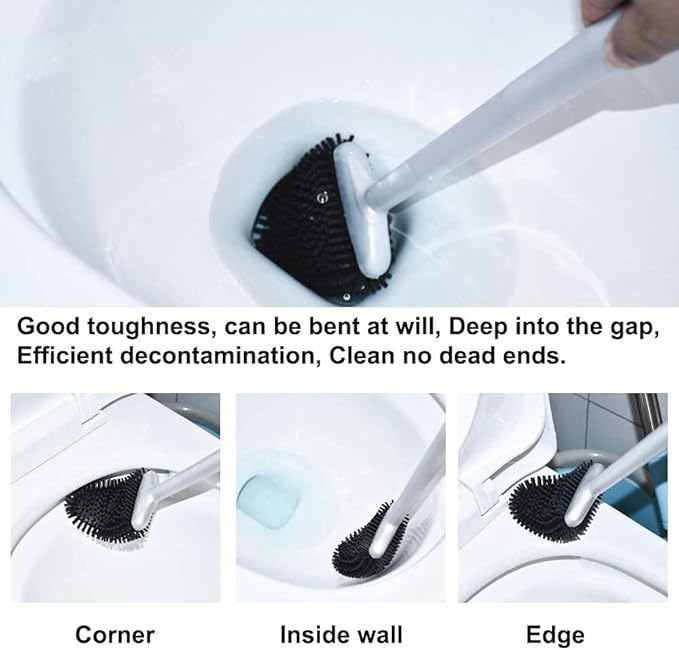 Sellemer Toilet Brush and Holder Set for Bathroom, Flexible Toilet Bowl Brush Head with Silicone Bristles, Compact Size for Storage and Organization, Ventilation Slots Base (2 Pack, Silver)