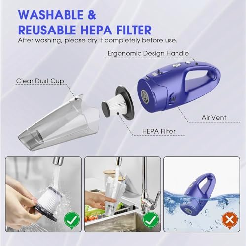 Handheld Vacuum Cordless Rechargeable – 6000Pa Mini Hand Held Vacuum, LED Light, 20–25 Mins Runtime, USB Charging, 500ML Cup – Lightweight Small Vacuum Cleaner Cordless for Car/Office/Home