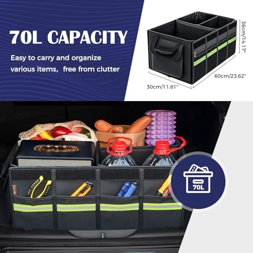 Car Trunk Organizer - 70L Nappa Leather Trunk Organizer for SUV with Lid, Multi Collapsible Car Storage Organizer Foldable, Multi Compartments with 2 Straps for SUV/Truck