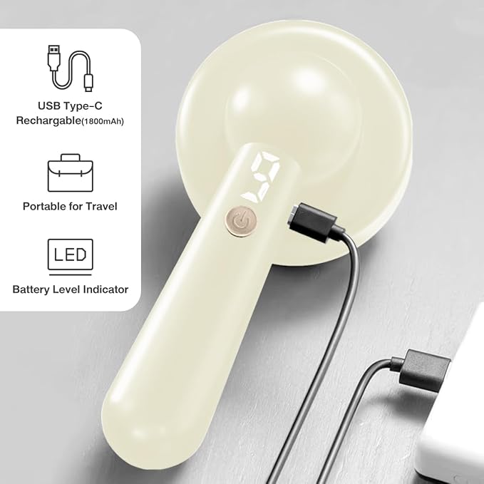 Fabric Shaver Lint Remover Rechargeable, Clothes Shaver Pill Remover with 6-Leaf Blades LED Digital Display 3-Gears Adjustable for Clothing Couch Furniture, Cream White