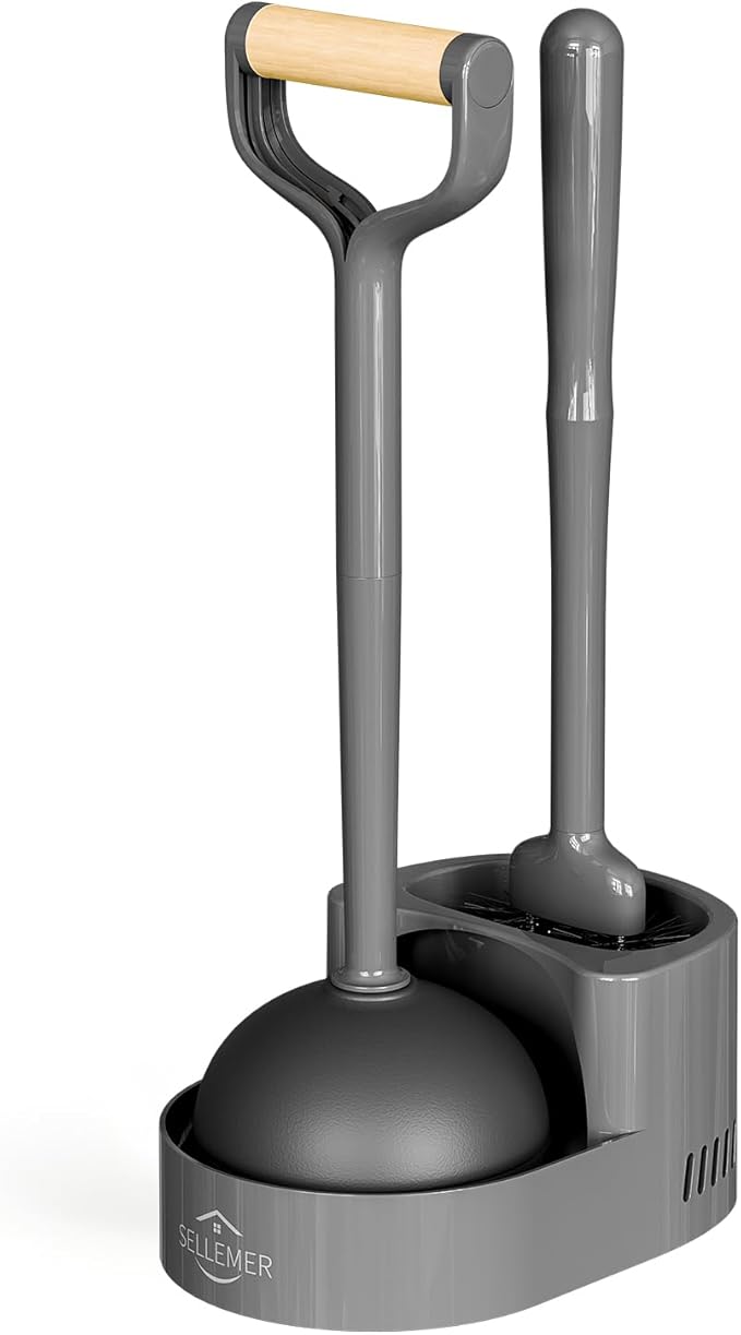Sellemer Toilet Brush and Plunger Set, Curved Design Head Toilet Bowl Brush for Deep Cleaning, Heavy Duty Plunger for Bathroom, Grey, 1 Pack