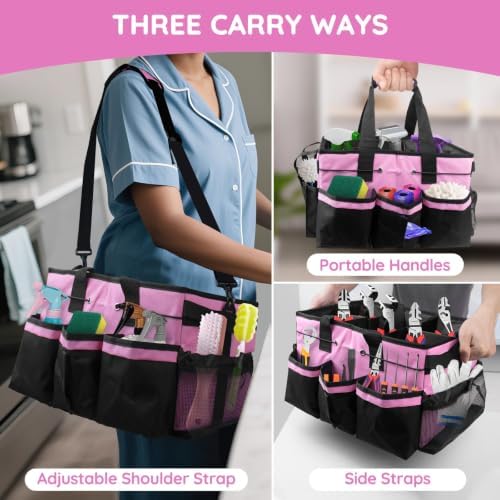 Large Cleaning Caddy Bag with Handle, Built-in Sturdy Support Board, Adjustable Shoulder Strap, Multi-compartment Design Cleaning Supply Tote for Cleaners & Housekeepers (Pink)