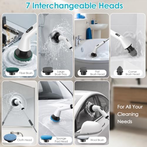 Electric cleaning brush for bathroom,spin scrubber with 7 Brushes & Handle
