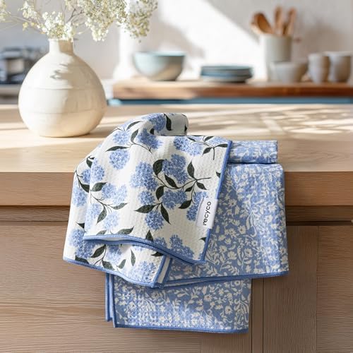 Waffle Kitchen Towel Set of 2 - Quick Dry Microfiber Sustainable Dish Towels - Ultra Absorbent Reusable Cleaning Tea Towels - Lightweight Hand Towels,16”x 28”, Hydrangea Ball
