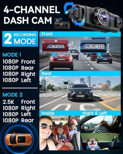 N5 4 Channel Dash Cam for Cars, 360° View 2K Front 1080P Rear Inside