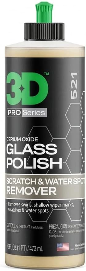 3D Glass Polish – Cerium-Oxide Based Window Polish, Light & Fine Glass Scratch Remover for Car Windows – Restores Clarity & Removes Wiper Marks, Swirls, Water Spots - 16oz