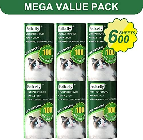 Lint Rollers Pet Hair Extra Sticky Refills,Mega Value Set 600 Sheets for Cat and Dog Hair Removal,100 Sheets Per Roller (Pack of 6) Green