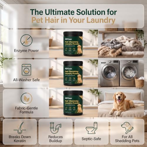 K9 Clean Pet Hair Dissolver, Hair Dissolver for Washing Machine, Enzyme Laundry Powder for Dog and Cat Coat, Helps Release Embedded Fur from Bedding, Clothes and Blankets, 10.58 oz