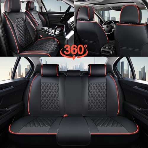 Full Set Car Seat Covers, Luxury Faux Leather Waterproof Seat Covers, 5-Seat Universal Fit, Front & Back Car Seat Protectors,Leather Seat Covers for Most Cars-Black & Red Line