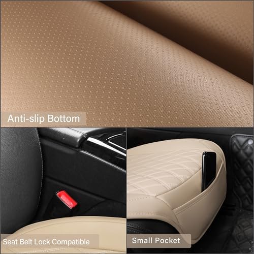 Front Car Seat Covers - Leather Seat Covers with Storage Pocket and Two Belt Pads, Anti-Slip Waterproof Universal Seat Covers for Cars Fit Cars Trucks SUV(Beige,2 Pack)