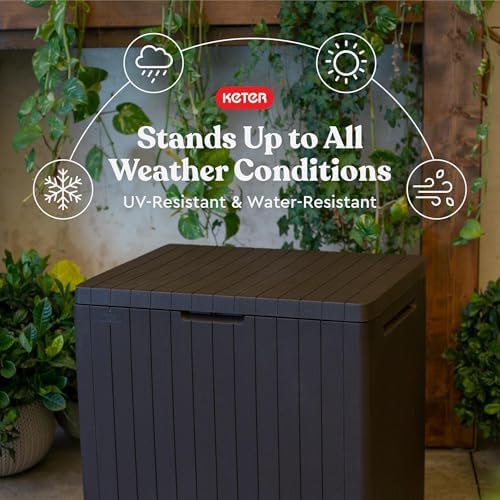 Keter City 30 Gallon Resin Outdoor Storage Box and Patio Furniture Side Table for Pool and Garden Accessories, Brown
