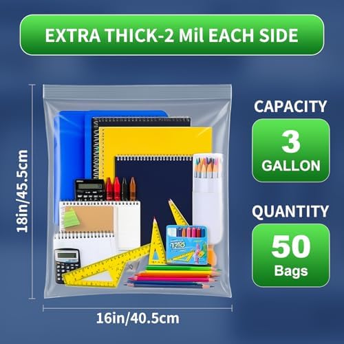 50PACK 3 Gallon Large Zipper Bags for Storage 16" x 18" Storage Bags