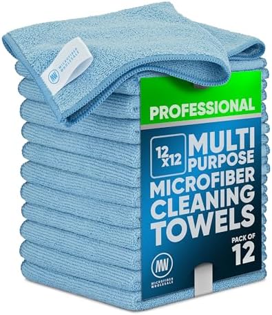 MW PRO Microfiber Cleaning Cloths Blue (12 Pack, 12x12) - Commercial Janitorial Towels & Lint Free Rags - Heavy Duty for Auto Detailing, Glass Windows, Housekeeping & Screens - Washable 300+ Times