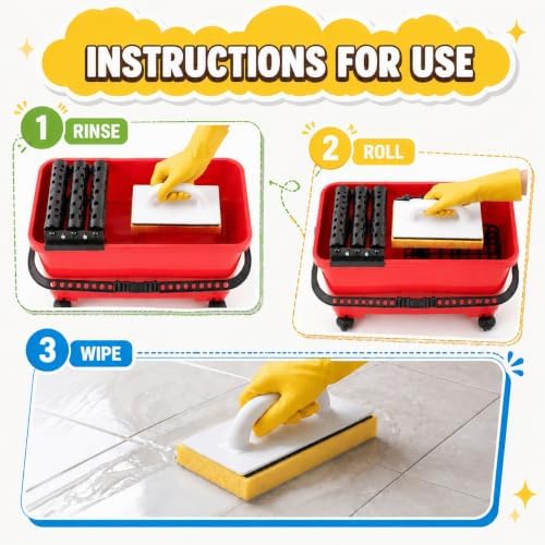 12 Pack Grout Cleaning System Set, 6 Gallon Grouting Bucket with 3 Spiral Rollers, 2 Rubber Floats, 2 Grout Sponges, 4 Diamond Hand Pads, Tile Trowel, Tiling Tools for Ceramic Tile Work