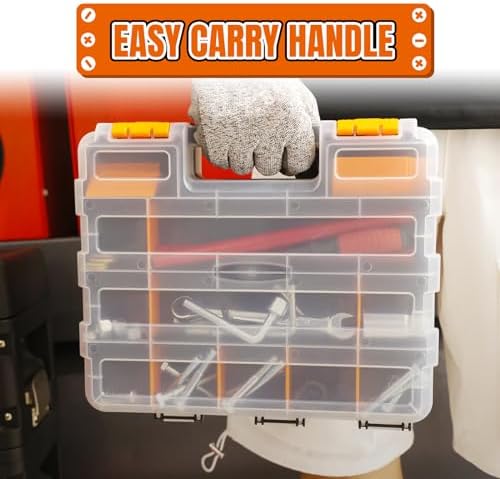 Tool Box with Transparent Lid, Double Side 34-Compartments Organizer Box with Removable Dividers for Hardware, Screws, Bolts, Nails, Beads, Jewelry and Fishing Accessories, Orange, 2 Pack