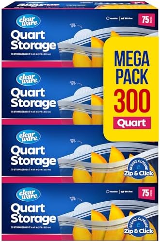 Double Zipper Storage Bags - Quart Size - 300 Count, (4 Packs of 75), Reusable Thick Food Storage Bags, BPA Free - Resealable Containers for Lunch, Snacks, Meals