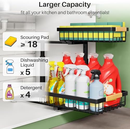 Under Sink Organizer, Thickened L-Shaped 2 Tier Pull Out Cabinet Storage