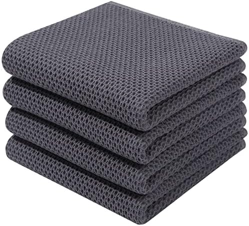 100% Cotton Waffle Weave Kitchen Dish Towels 4-Pack, Dark Grey