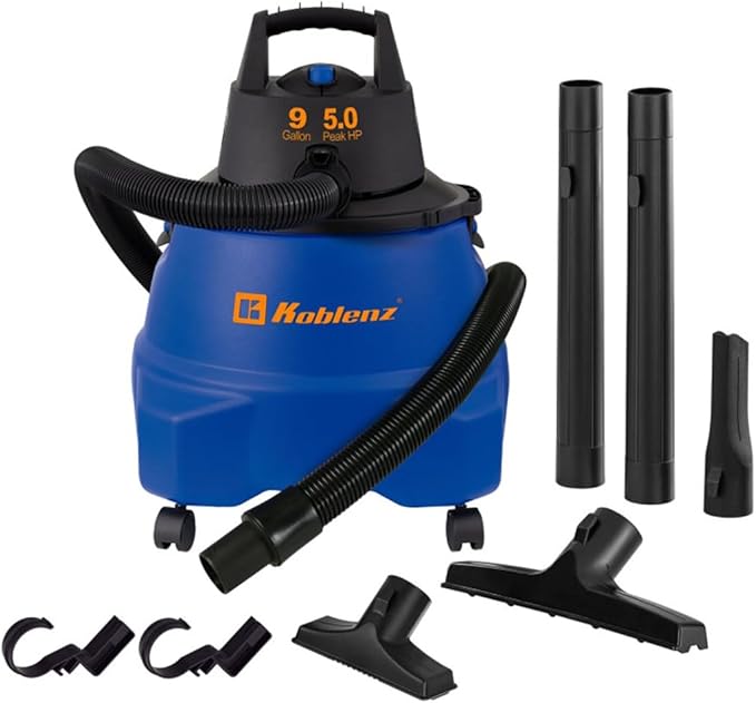 Koblenz WD-9 L212 Wet Dry Vacuum Cleaner, 9 Gallon, 5.0 PHP, 3-in-1 Suction & Blower, Big Vacuum Cleaners for Home, Heavy Duty Shop Vac, Click-N-Lock Hose, Swivel Casters, Black/Blues