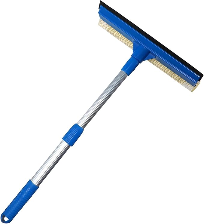 Professional 2-in-1 Window Squeegee with Telescopic Stainless Steel Handle (13.3"-18.9") | Sponge & Scraper for Glass, Shower, Car & High Surfaces