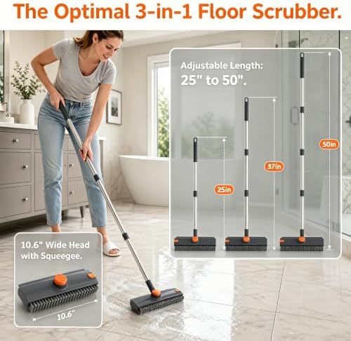 3-in-1 Floor Scrub Brush with Long Handle, Rotating Head Squeegee & Tweezer