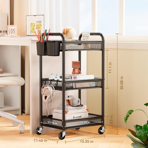 3 Tier Metal Rolling Cart, Black Utility Storage Cart with Wheels
