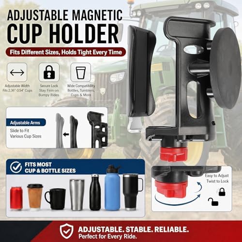 Heavy-Duty Magnetic Cup Holder for Tractor, [3.5" Base, 88lb Force], Upgraded Adjustable Drink Holder for Large Water Bottles (2.36-3.54" Dia), Cup Holder for Mower, School Bus, Truck, Golf Cart