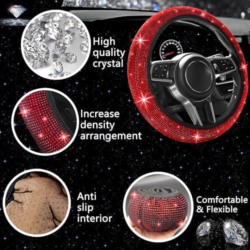 27 PCs Red Bling Car Accessories Set for Women, Steering Wheel Covers Universal Fit 15 Inch, Bling License Plate Frame, Bling Phone Holder, Bling Car Coasters (Red Diamond)