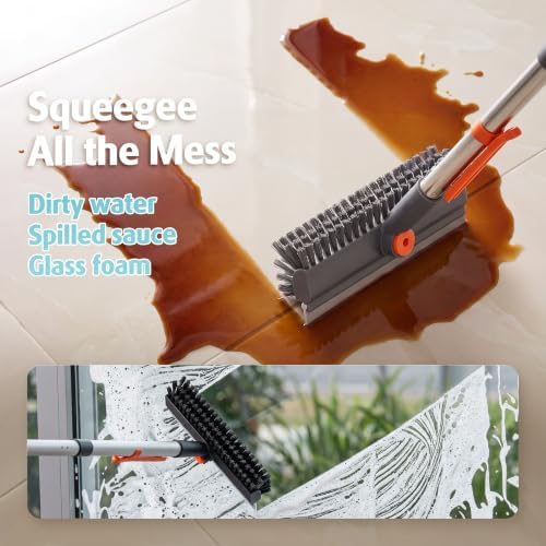 Floor Scrub Brush with Long Handle, 4 in 1 Floor Scrubber & Squeegee