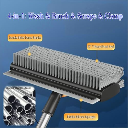 Floor Scrub Brush with Squeegee Long Handle 3 in 1 tub Brush 52'' 2026 Upgraded Multi-Functional Stiff Bristle Cleaning Scrub Brush Rotating Tile Brush for Cleaning Bathroom Patio, Pool, Garage