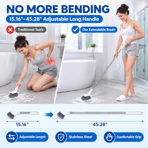 Telescopic Cleaning Brush, Multifunctional Extendable Long Handle Floor Scrub Brush, Curved Toilet Brush Head, Detachable Bathroom Cleaning Brush, 15.16"-45.28" Stainless Steel Handle(2PCS