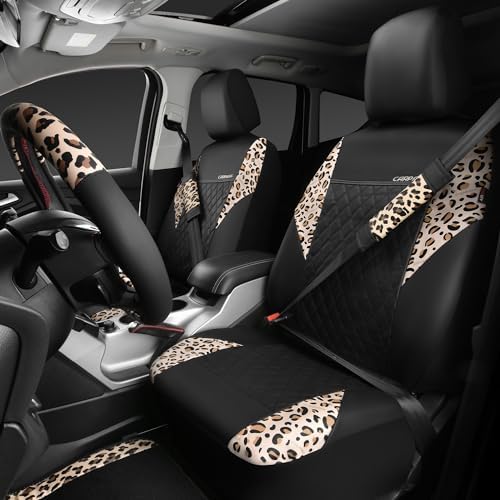 Leopard Print Faux Leather Car Seat Covers & Leopard Car Mats&Leopard Steering Wheel Cover Seat Belt Pad Universal Car Accessories for SUV,Van,Saden,Truck Automobile Interior Sets
