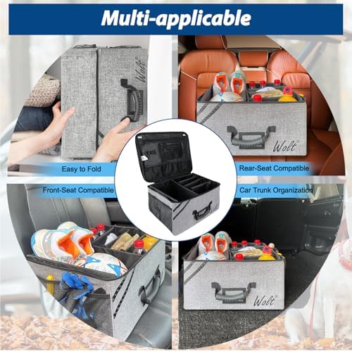 Car Trunk Organizer with Lid, Collapsible Multi Compartment SUV Organizer with Non-Slip Base Adjustable Straps