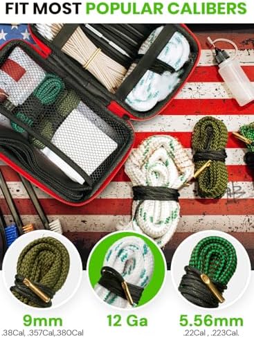 Bore Cleaner Gun Cleaning Kit For 12Ga / 5.56 / 9mm Gun Cleaning Snake, Gun Cleaning Supplies Incl. Gun Cleaning Patches, 6-inch Gun Cleaning Swabs, Gun Brushes, Cleaning Picks, Needle Oil Applicator
