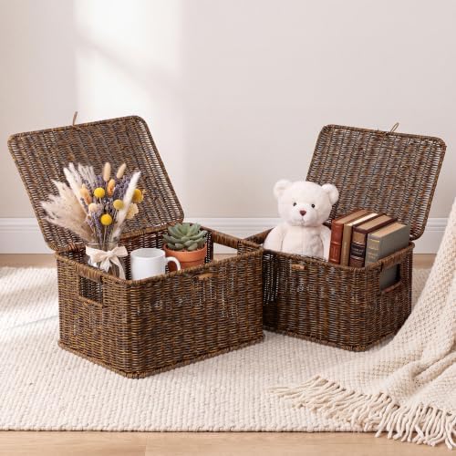 Wicker Storage Basket With lid, Stackable Plastic Bin (Brown, S+M+L)