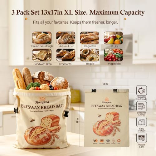 3 Pack Cotton Reusable Beeswax Bread Bags, 17“ × 13”, XL Large