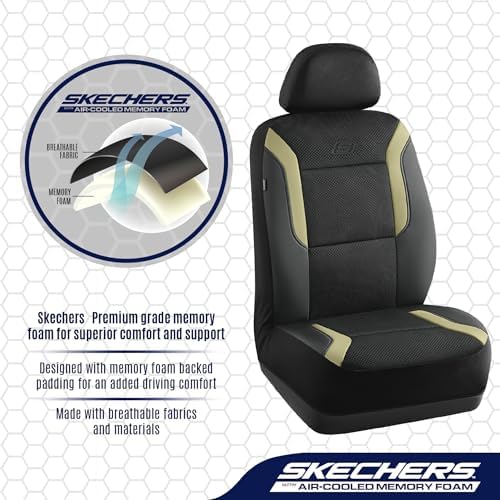 Skechers Memory Foam Car Seat Covers, Air Cool Mesh Thick Seat Covers, Car Seat Full Sets Airbag Compatible, Automotive Comfort Protection for Most Cars,Vans,Trucks, SUVs,Beige