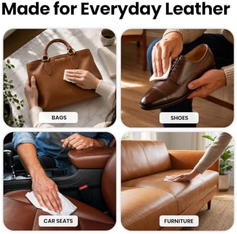 Leather Wipes 4-in-1 Leather Cleaner and Conditioner for Furniture - Leather Couch Cleaner, Car, Shoes & Purses – UV Protection, XL Moistened Wipes Restore & Protect – 2 Pack (80 Wipes)