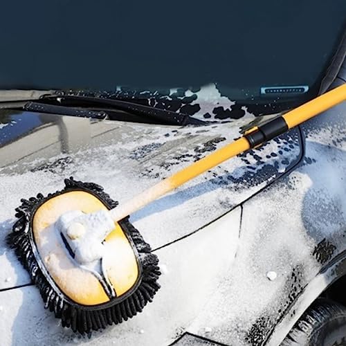 43'' Car Wash Brush with Long Handle Chenille Microfiber Car Wash Kit Mitt Retractable Bent Pole Car Wash Mop for Cars RV Truck Boat (yellow-01)