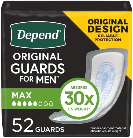 Depend Original Guards Incontinence Pads for Men, Maximum Absorbency, 52 ct