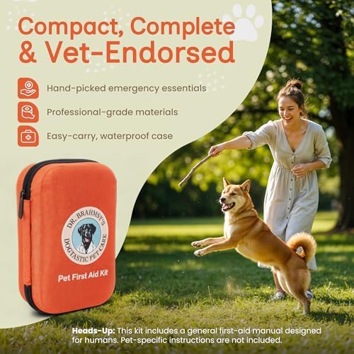 Dr Brahmsy’s Pet First Aid Kit for Dogs and Cats - Vet-Approved Essential Survival and Emergency Supplies for Home, Travel, Camping, Hiking - Rugged Water-Resistant Hard Case - 45-Piece Set