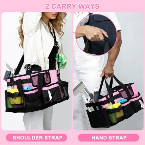 Large Wearable Cleaning Caddy Bag, Pink Tool Bag with Adjustable Shoulder Straps & Divider, 14 inch Cleaning Supplies Organizer for Housekeepers & Cleaners